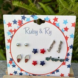 New Ruby & Ry Kids Set of Six 6 Assorted Red/White/Blue Earrings Patriotic USA